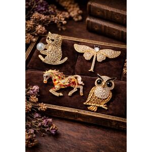 Gold Crystal Brooch Collection – 4 Piece | Owl, Cat, Horse & Dragonfly